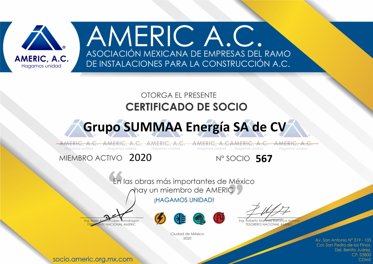 Certificado de Socio AMERIC - Grupo SUMMAA Energía